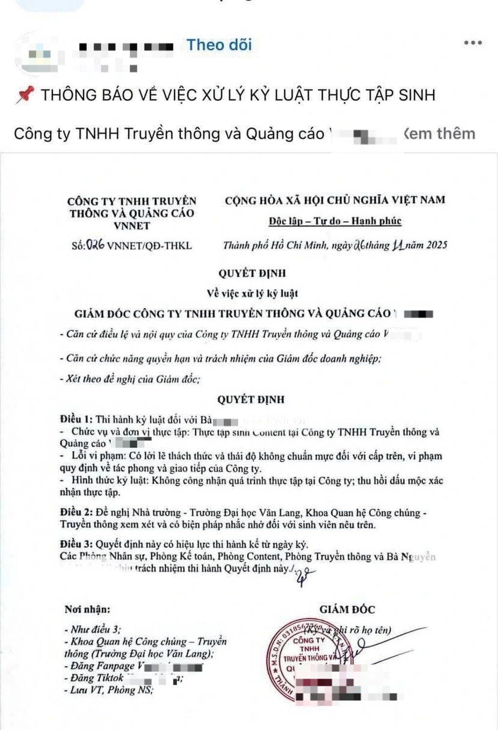 Công ty ra quyết định kỷ luật nữ sinh viên thực tập gây sốc, trường nói gì? - 1