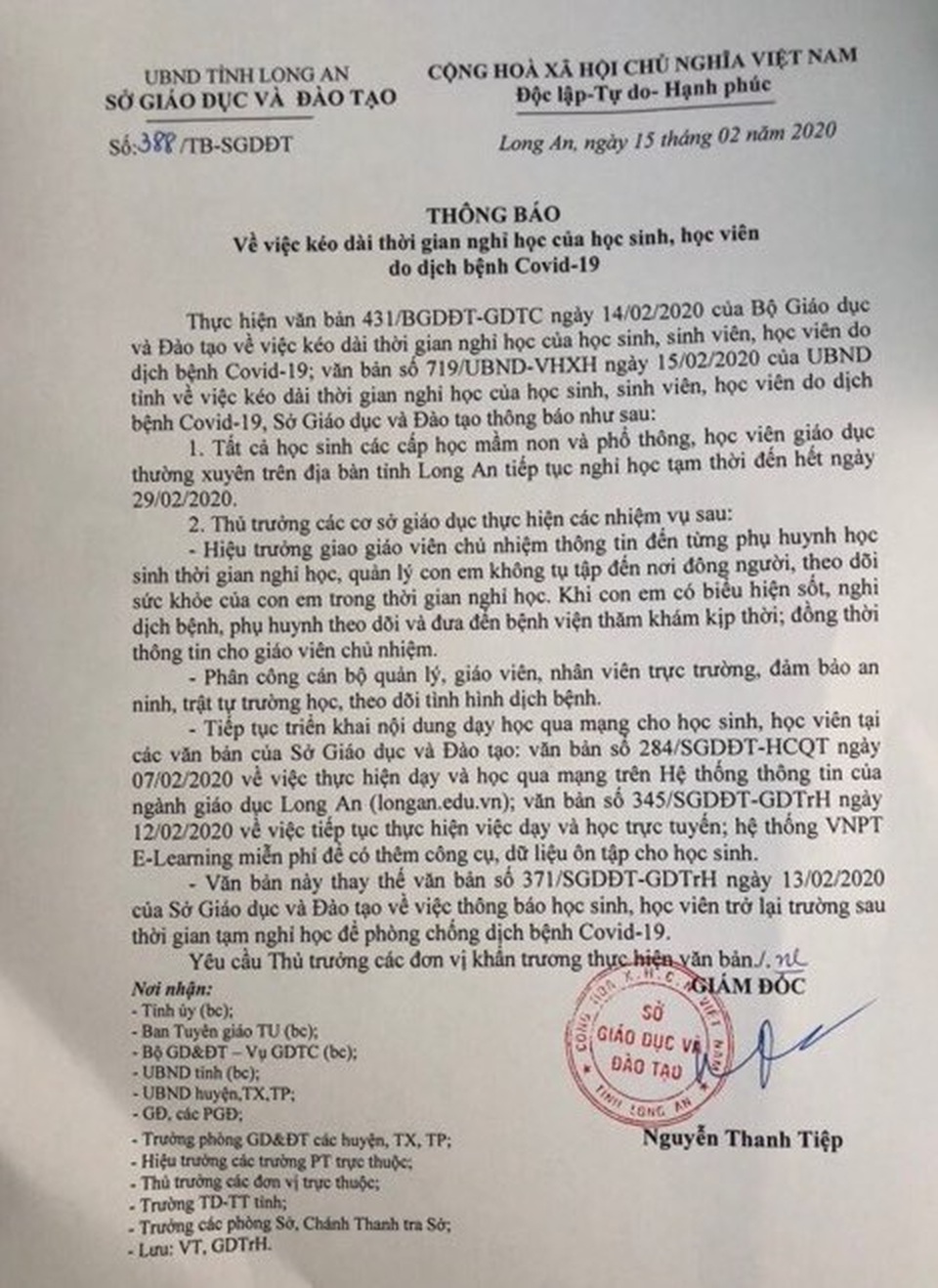 Long An cho học sinh nghỉ đến hết tháng 2/2020, tiếp tục dạy học qua mạng - 1 Long An cho học sinh nghỉ đến hết tháng 2/2020, tiếp tục dạy học qua mạng - 1