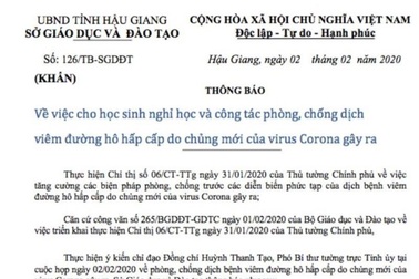 Hậu Giang: Lùi lịch nhập học 1 tuần để phòng chống dịch virus Corona