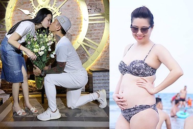 Lê Khánh khoe bụng bầu 5 tháng; Tuấn Hưng quỳ gối tặng hoa cho bà xã