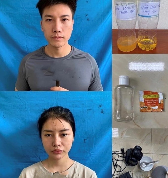 Hai đối tượng chính đứng ra tổ chức sử dụng và tang vật bị thu giữ (Ảnh: Công an Thanh Hóa)