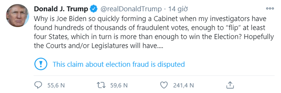 Ông Trump nói có bằng chứng đủ để đảo ngược kết quả ở ít nhất 4 bang - 2 Ông Trump nói có bằng chứng đủ để đảo ngược kết quả ở ít nhất 4 bang - 2