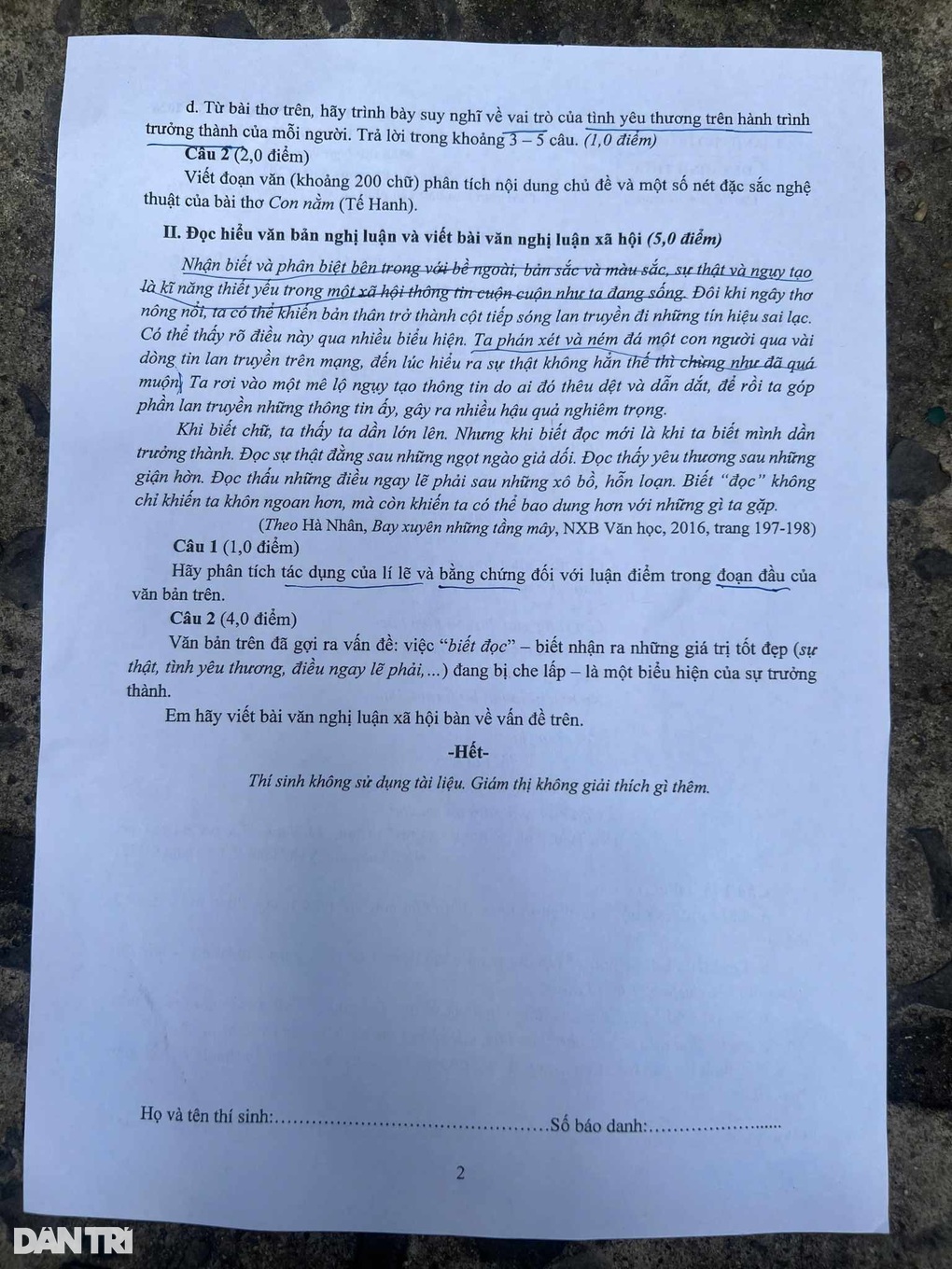 Las preguntas del examen de ingreso de décimo grado para la ciudad de Ho Chi Minh están disponibles - 2 Đã có đề văn thi vào lớp 10 của TPHCM - 2