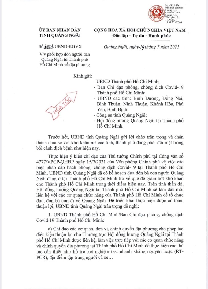 Văn bản phối hợp với các tỉnh, thành phía Nam đưa người dân về Quảng Ngãi   - Ảnh 1.