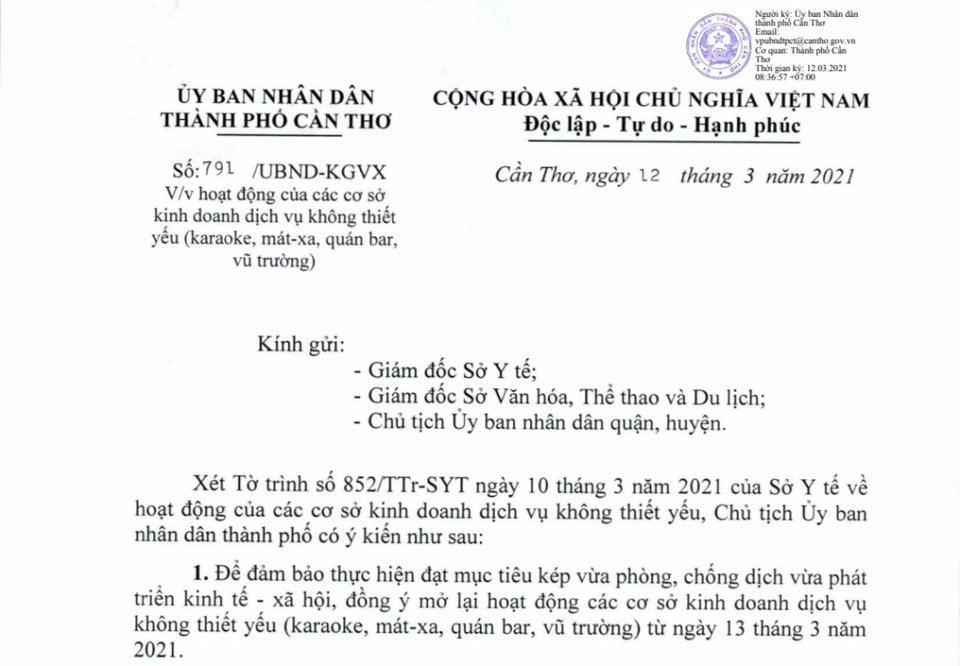 Cần Thơ cho mở lại dịch vụ karaoke, massage, vũ trường - 1 Cần Thơ cho mở lại dịch vụ karaoke, massage, vũ trường - 1