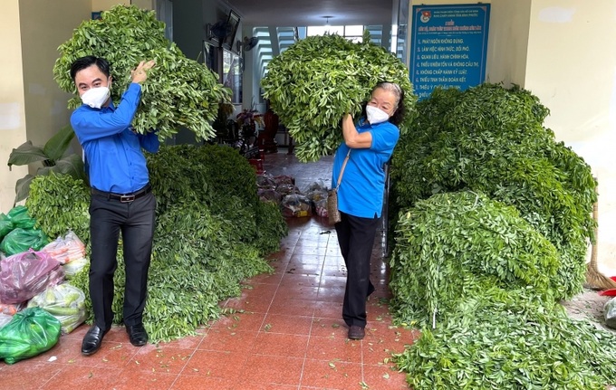 Chủ tịch Hội Bảo trợ NKT-TMC&BNN tỉnh Dương Thị Tuyết (phải) cùng Bí thư Tỉnh Đoàn Trần Quốc Duy chuyển những bó rau ngót xanh non lên xe để gửi đến TP Hồ Chí Minh
