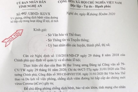 Nghệ An tạm dừng các lễ hội, đeo khẩu trang khi tham gia nơi đông người