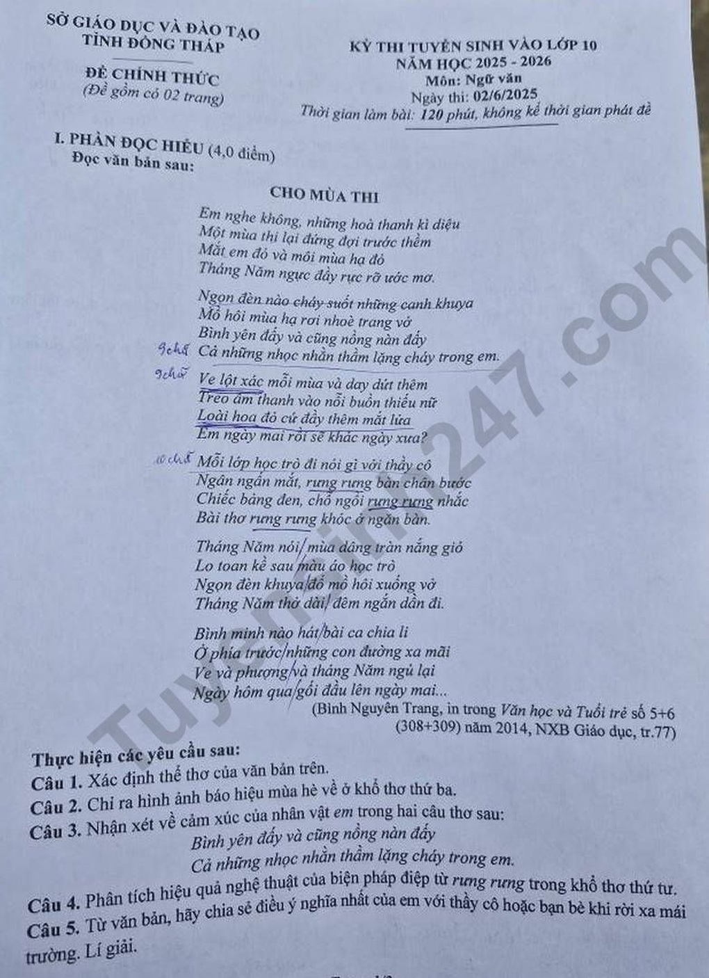 Literature test questions and answers for grade 10, Dong Thap province 2025 - 1 Đề thi và đáp án môn văn lớp 10 tỉnh Đồng Tháp 2025 - 1