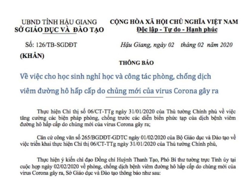 Hậu Giang: Lùi lịch nhập học 1 tuần để phòng chống dịch virus Corona - 1 Hậu Giang: Lùi lịch nhập học 1 tuần để phòng chống dịch virus Corona - 1