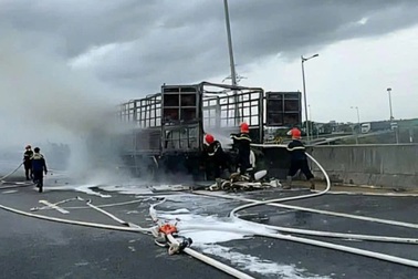 Tài xế lái xe tải đang bốc cháy vào làn dừng khẩn cấp