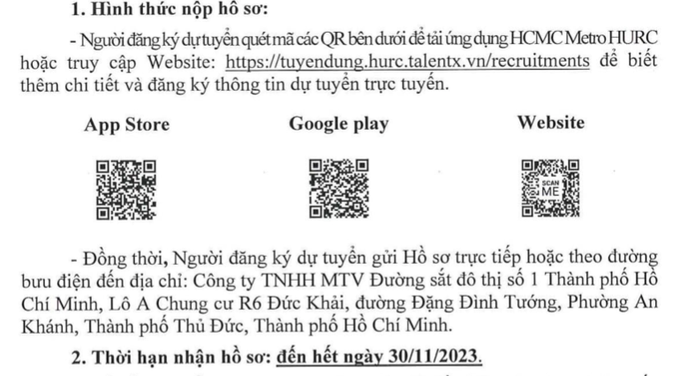 Ứng viên quét mã QR để tải ứng dụng HCMC Metro HURC hoặc truy cập website: https://tuyendung.hurc.talentx.vn/recruitments để dự tuyển.