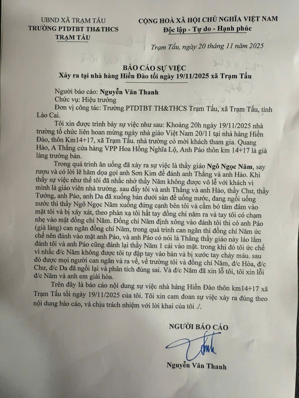 Hiệu trưởng bị tố hành hung giáo viên tại tiệc liên hoan ngày 20/11 - 3 Hiệu trưởng bị tố hành hung giáo viên tại tiệc liên hoan ngày 20/11 - 3