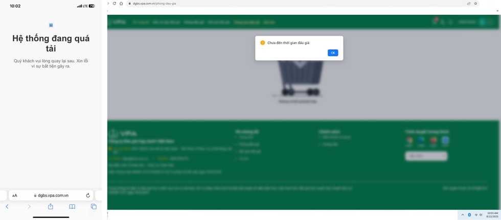 Nhiều người nhận được thông báo lỗi khi truy cập trang web đấu giá biển số xe vào sáng 22/8, dù sử dụng cả smartphone lẫn máy tính (Ảnh chụp màn hình). Nhiều người nhận được thông báo lỗi khi truy cập trang web đấu giá biển số xe vào sáng 22/8, dù sử dụng cả smartphone lẫn máy tính (Ảnh chụp màn hình).