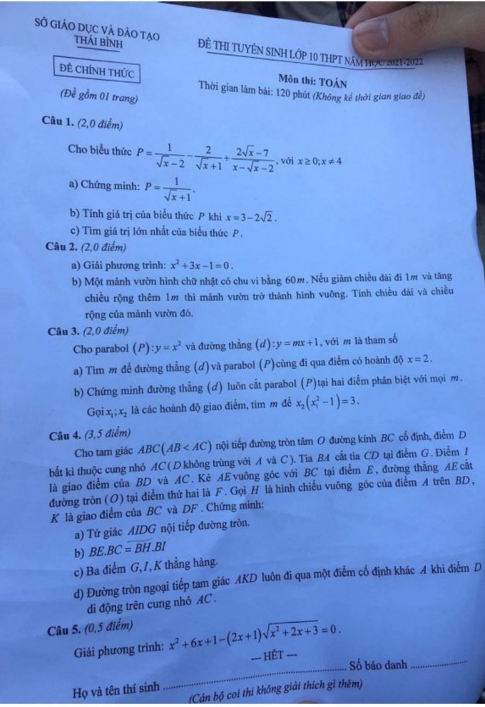 Gợi ý đáp án môn Toán thi vào 10 THPT năm 2021 tỉnh Thái Bình  - Ảnh 1.