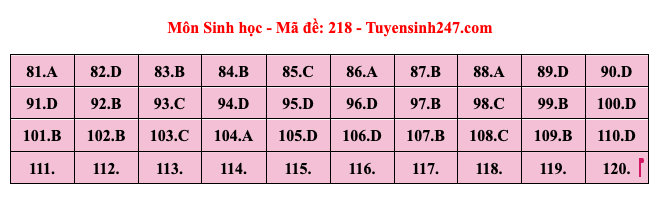Föreslagen svarsmall för kod 218 biologiämne, examensår 2024 - 2 Đáp án gợi ý mã đề 218 môn sinh học thi tốt nghiệp năm 2024 - 2