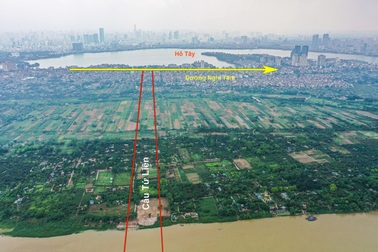 Toàn cảnh khu vực xây cầu Tứ Liên bắc qua sông Hồng và sông Đuống