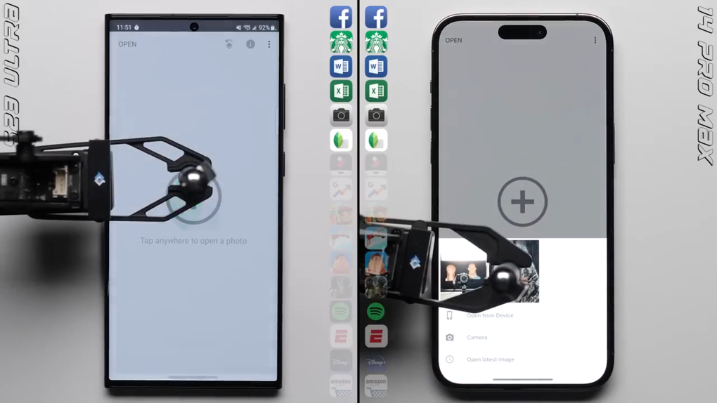 Cánh tay robot được sử dụng để đảm bảo tính khách quan và công bằng khi thực hiện bài so sánh tốc độ giữa Galaxy S23 Ultra và iPhone 14 Pro Max (Ảnh chụp màn hình).