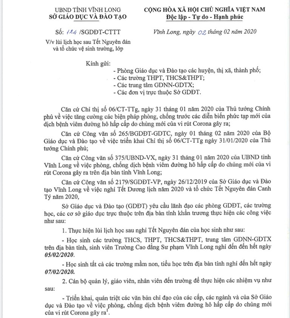 Vĩnh Long: Cho HS, SV nghỉ học, tổ chức vệ sinh trường lớp để phòng chống virus Corona - 1 Vĩnh Long: Cho HS, SV nghỉ học, tổ chức vệ sinh trường lớp để phòng chống virus Corona - 1