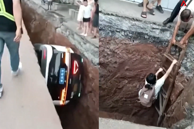 Taxi tự lái rơi xuống hố sâu 3m khi đang chạy, cô gái hoảng loạn thoát thân