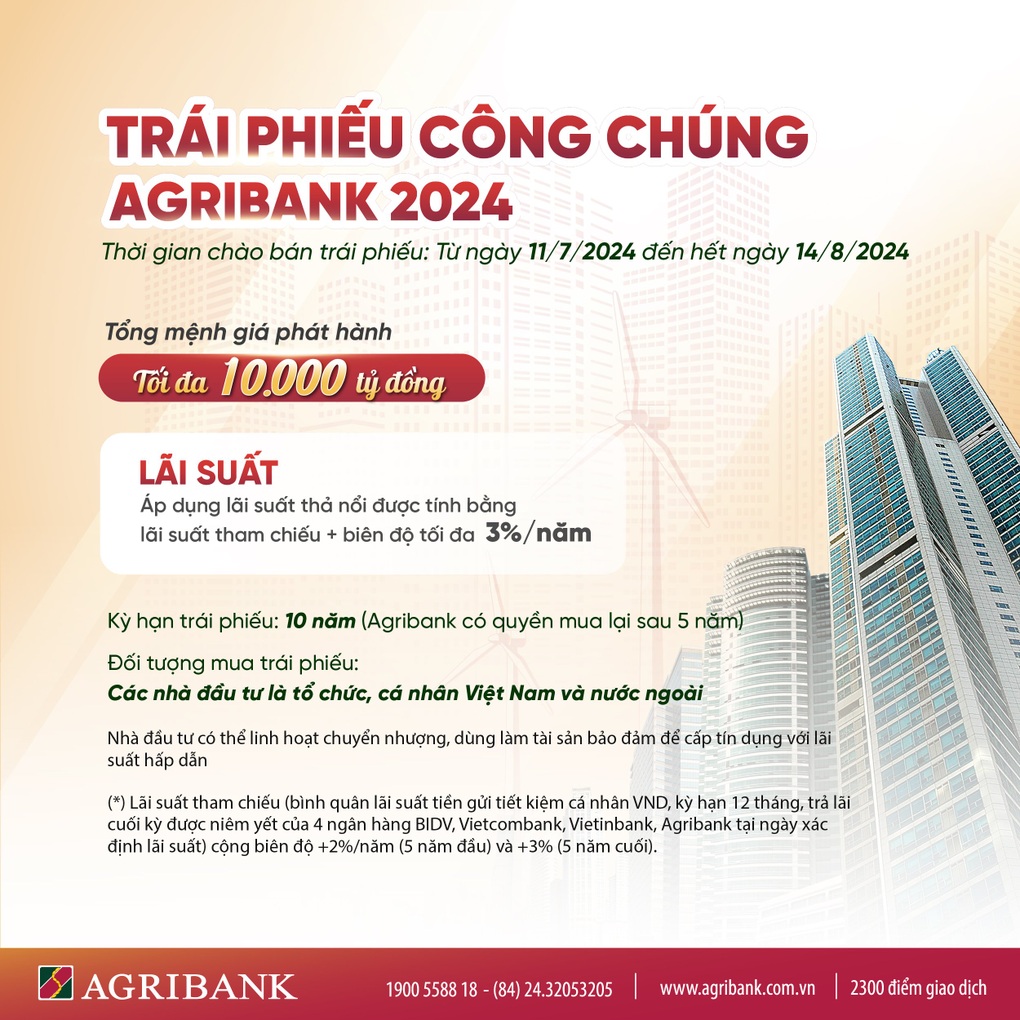 Agribank phát hành 10.000 tỷ đồng trái phiếu ra công chúng năm 2024 - 2