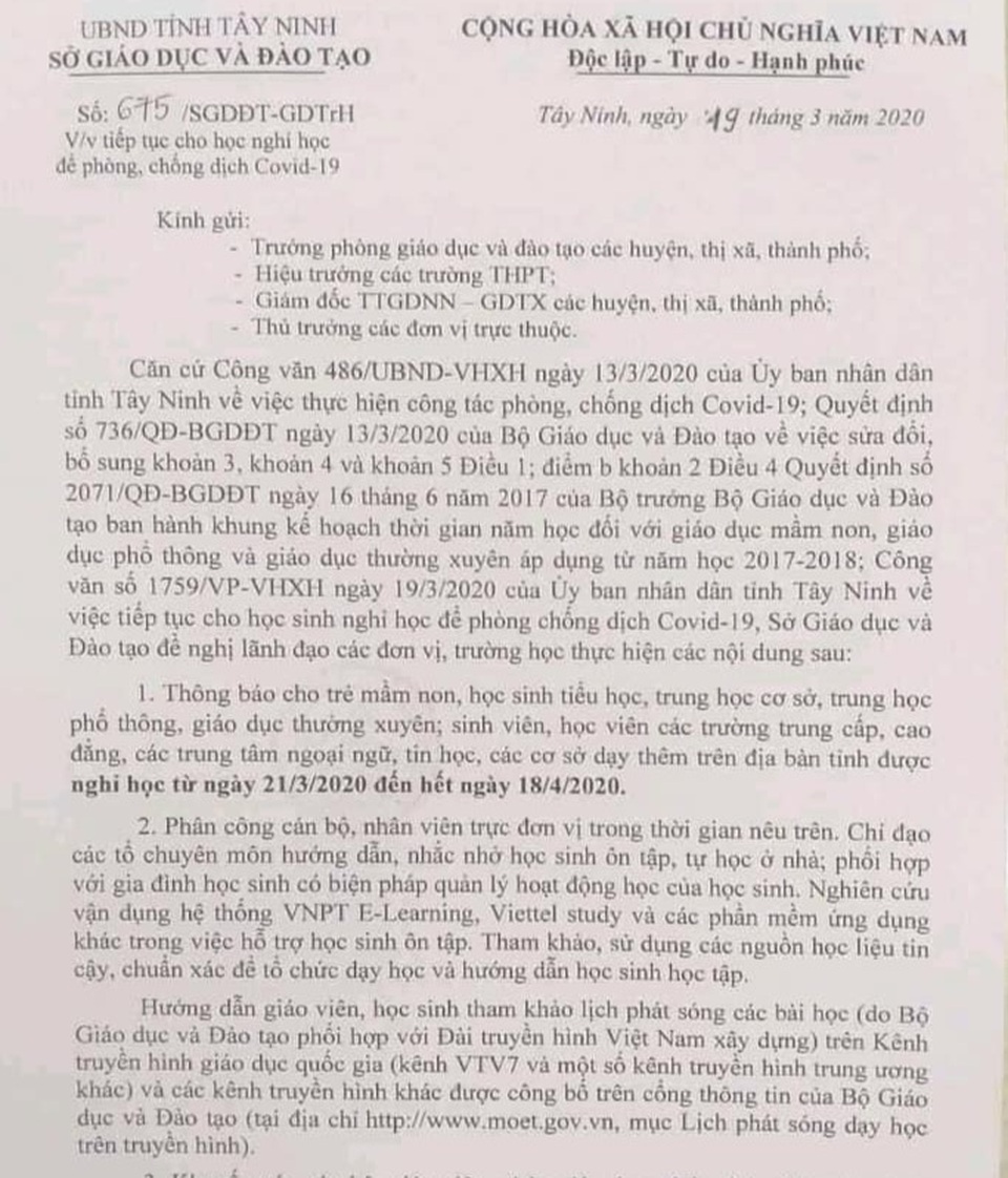 Tây Ninh: Tỉnh đầu tiên cho toàn bộ HS, SV nghỉ học đến hết ngày 18/4 - 2 Tây Ninh: Tỉnh đầu tiên cho toàn bộ HS, SV nghỉ học đến hết ngày 18/4 - 2