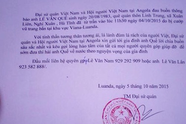 Một lao động Việt bị cướp bắn chết ở Angola