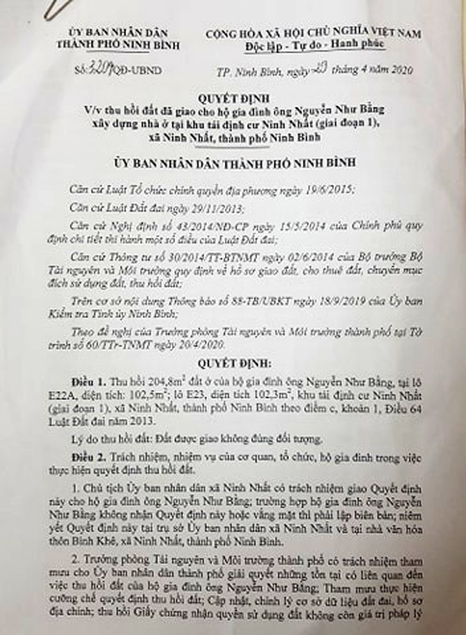 Bí thư tỉnh Ninh Bình chỉ đạo thu hồi đất cấp khống cho nguyên chủ tịch xã - 1 Bí thư tỉnh Ninh Bình chỉ đạo thu hồi đất cấp khống cho nguyên chủ tịch xã - 1
