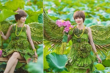 Độc đáo bộ ảnh sen với trang phục hoàn toàn bằng lá cây