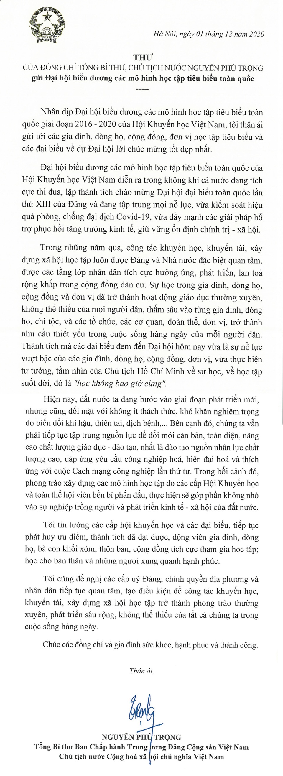 Tổng Bí thư, Chủ tịch nước gửi thư chúc mừng ĐH biểu dương mô hình học tập - 2 Tổng Bí thư, Chủ tịch nước gửi thư chúc mừng ĐH biểu dương mô hình học tập - 2