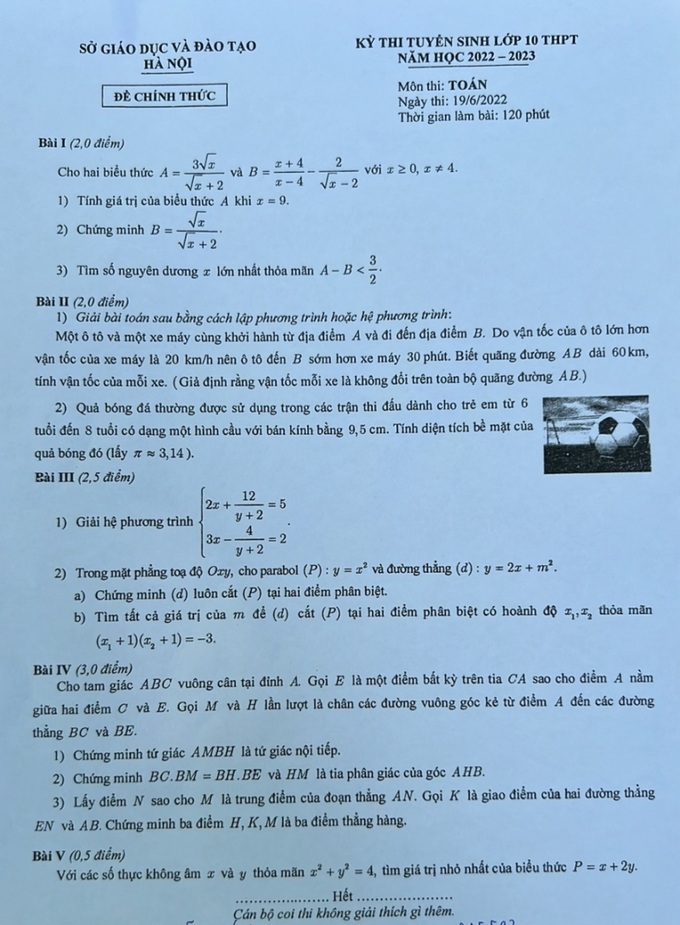 Đề thi môn Toán vào lớp 10 THPT công lập năm 2022-2023 của Sở GD&ĐT Hà Nội.