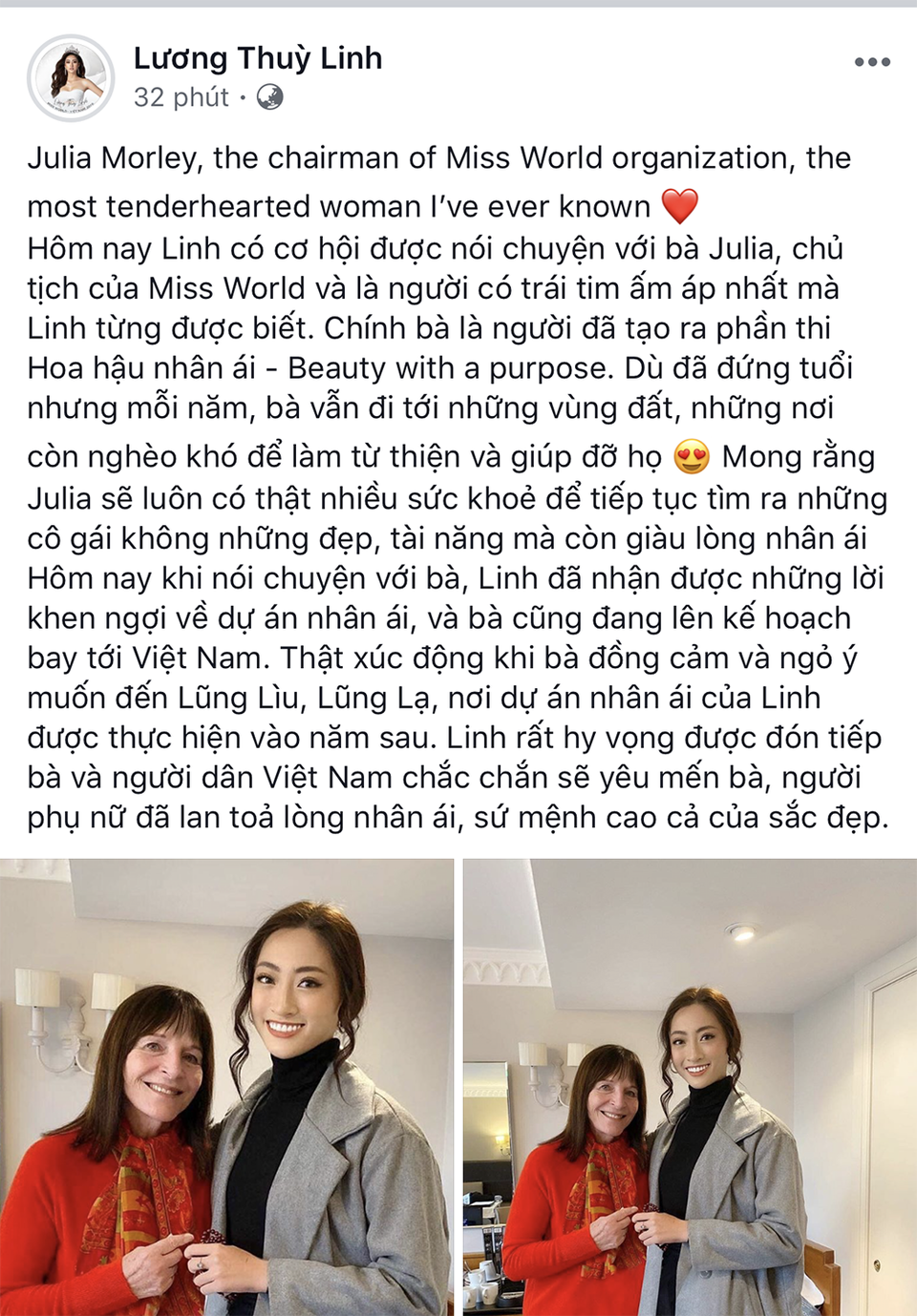 Chủ tịch Hoa hậu Thế giới ngợi khen dự án Nhân ái của Lương Thuỳ Linh - 2 Chủ tịch Hoa hậu Thế giới ngợi khen dự án Nhân ái của Lương Thuỳ Linh - 2