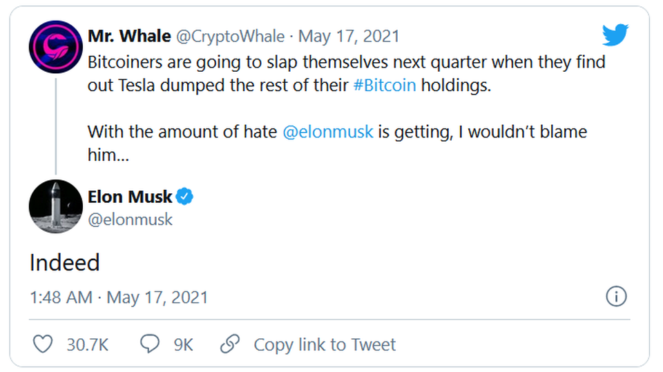 Chỉ một câu bình luận trên Twitter, Elon Musk khiến giá Bitcoin lao dốc - 2 Chỉ một câu bình luận trên Twitter, Elon Musk khiến giá Bitcoin lao dốc - 2