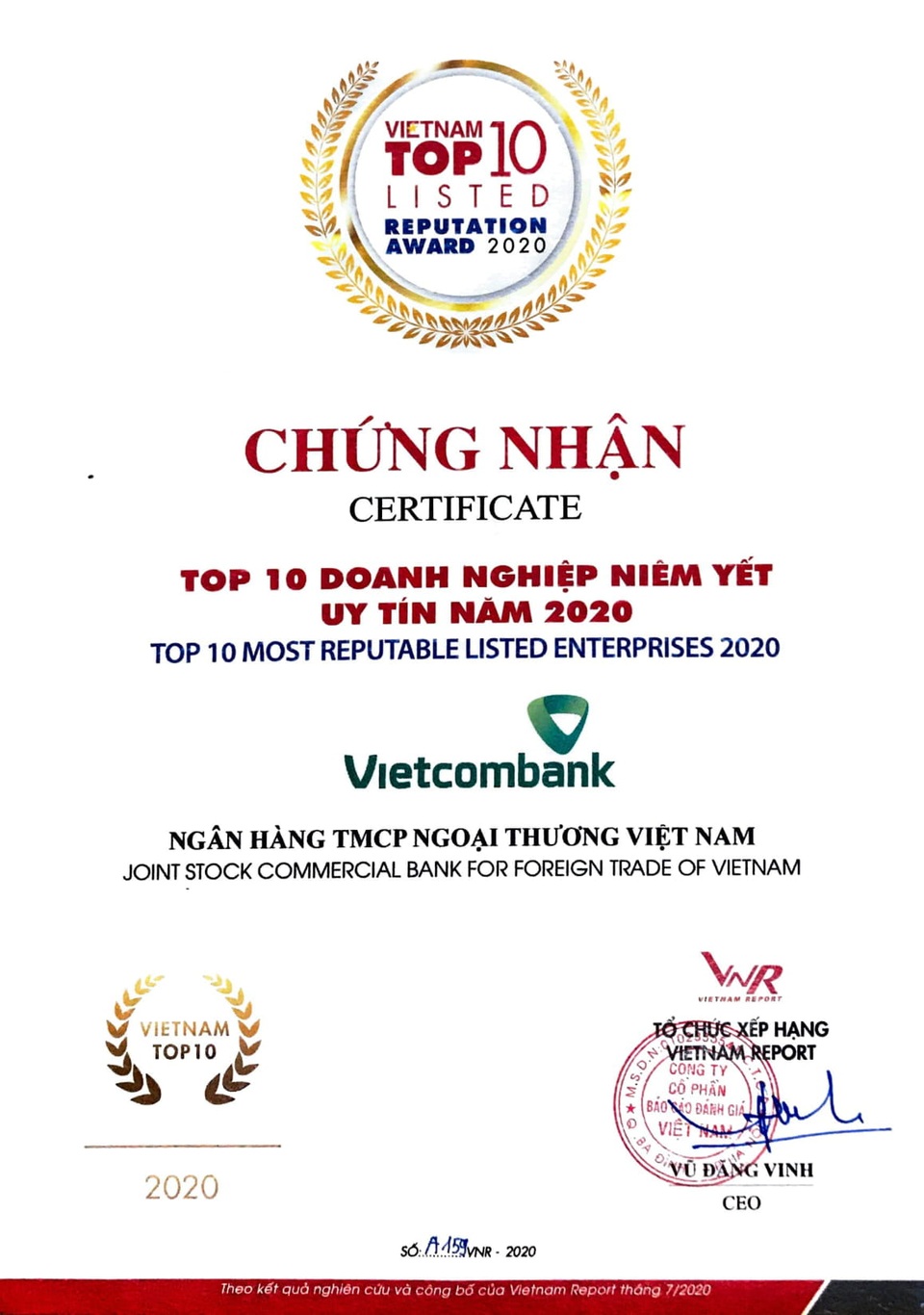 Vietcombank dẫn đầu bảng xếp hạng Top 10 Ngân hàng thương mại Việt Nam uy tín năm 2020 - 2