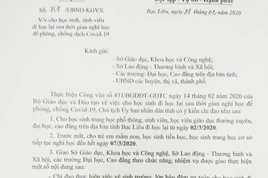 Bạc Liêu: Học sinh THPT đi học từ 2/3, từ THCS trở xuống nghỉ thêm 1 tuần