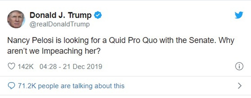Tổng thống Mỹ Donald Trump đòi luận tội Chủ tịch Hạ viện Pelosi - 1 Tổng thống Mỹ Donald Trump đòi luận tội Chủ tịch Hạ viện Pelosi - 1
