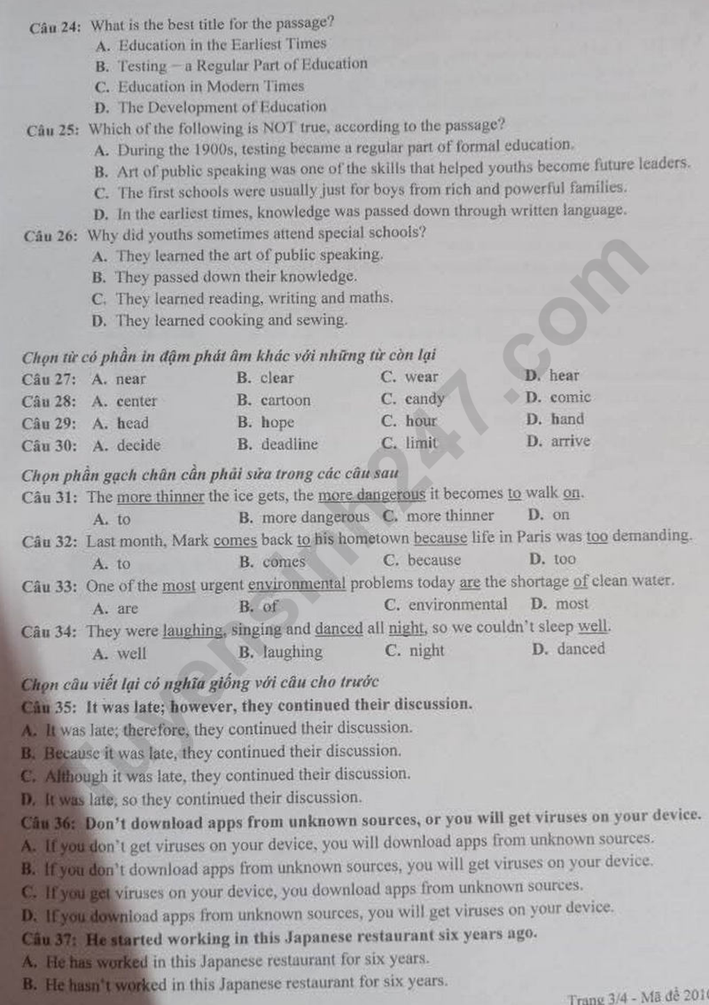 Вопросы и ответы по экзамену по английскому языку для 10 класса провинции Йенбай в 2025 году - 3 Đề thi và đáp án môn tiếng Anh vào lớp 10 tỉnh Yên Bái năm 2025 - 3