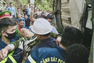 2 người mắc kẹt trong chiếc ô tô lật, 7 con trâu chết trên thùng xe