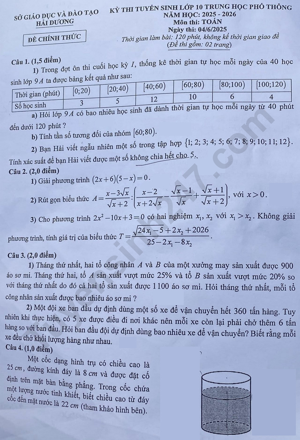 Đáp án tất cả các môn thi vào lớp 10 năm 2025 của tỉnh Hải Dương - 1 Đáp án tất cả các môn thi vào lớp 10 năm 2025 của tỉnh Hải Dương - 1