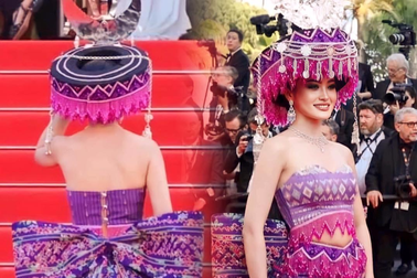 Hoa hậu Lào rạng rỡ diện váy đậm chất dân tộc trên thảm đỏ Cannes