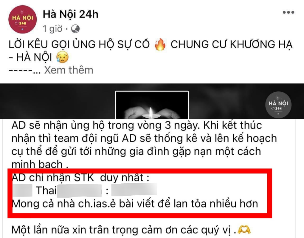 Cháy chung cư: Trang Fanpage dùng tài khoản cá nhân kêu gọi hơn 4 tỷ đồng - 1 Cháy chung cư: Trang Fanpage dùng tài khoản cá nhân kêu gọi hơn 4 tỷ đồng - 1