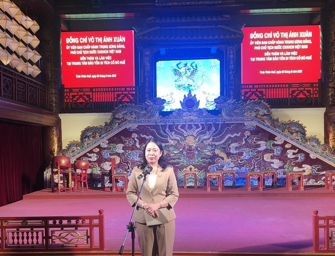 Phó Chủ tịch nước Võ Thị Ánh Xuân phát biểu tại buổi thăm, làm việc với Trung tâm Bảo tồn Di tích Cố đô Huế
