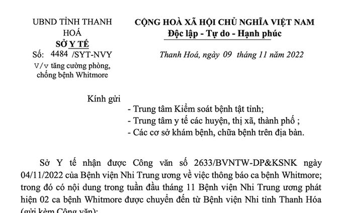 Công văn chỉ đạo phòng chống bệnh Whitmore của Sở Y tế tỉnh Thanh Hóa