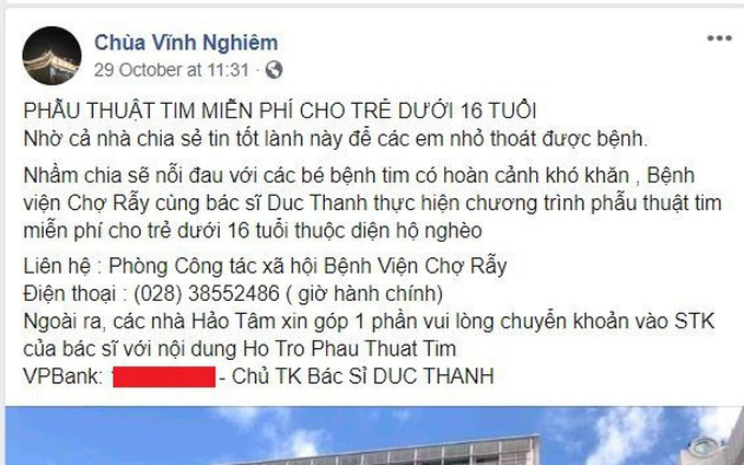 Mạo danh chùa Vĩnh Nghiêm kêu gọi tiền ủng hộ bệnh nhi