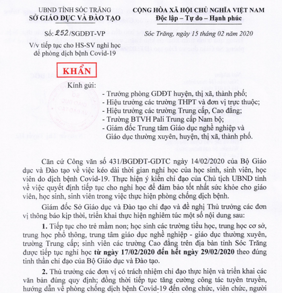 Sóc Trăng, Bạc Liêu, Cà Mau cho HS, SV nghỉ học đến hết tháng 2 - 3 Sóc Trăng, Bạc Liêu, Cà Mau cho HS, SV nghỉ học đến hết tháng 2 - 3