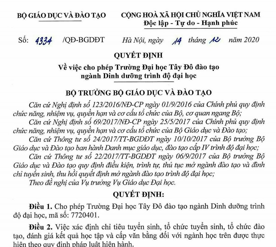 Trường Đại học Tây Đô mở ngành Dinh dưỡng trình độ đại học - 1 Trường Đại học Tây Đô mở ngành Dinh dưỡng trình độ đại học - 1