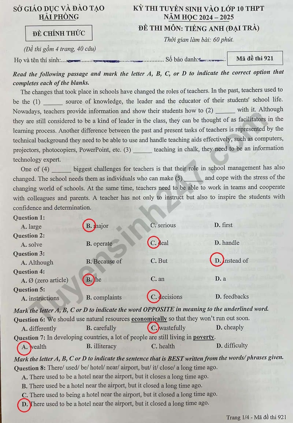Đáp án, đề thi tất cả các môn kỳ thi lớp 10 tại Hải Phòng năm 2024 - 15 Đáp án, đề thi tất cả các môn kỳ thi lớp 10 tại Hải Phòng năm 2024 - 15