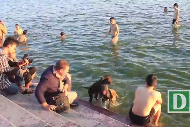 Người Hà Nội cùng thú cưng tắm hồ Tây giải nhiệt