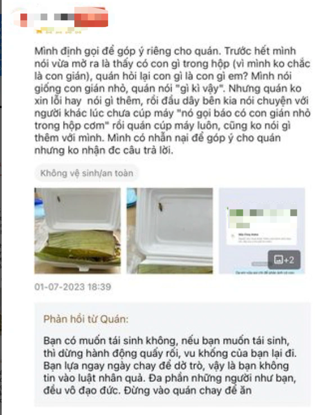 Bị tố có gián trong suất ăn, quán ăn ở TPHCM đáp trả khách gây tranh cãi - 2 Bị tố có gián trong suất ăn, quán ăn ở TPHCM đáp trả khách gây tranh cãi - 2