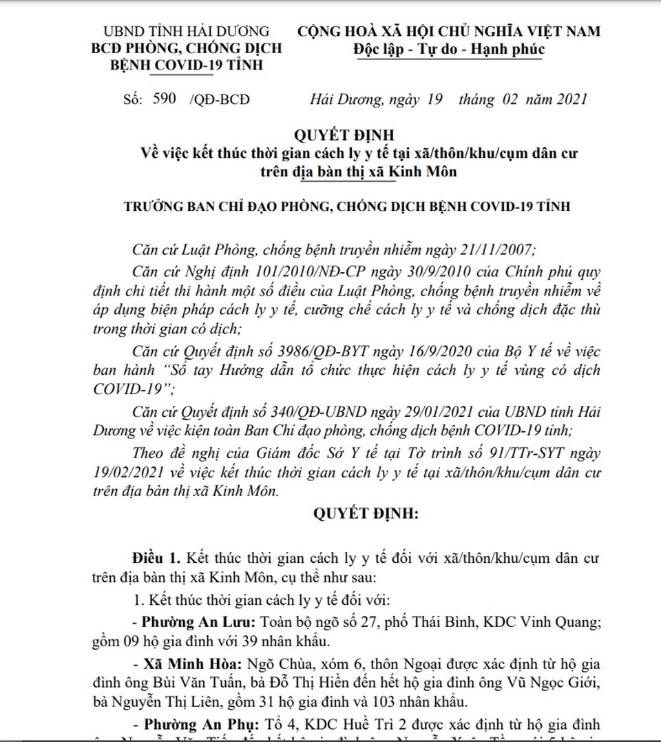 Kết thúc thời gian cách ly y tế tại các cụm dân cư ở thị xã Kinh Môn - 2 Kết thúc thời gian cách ly y tế tại các cụm dân cư ở thị xã Kinh Môn - 2