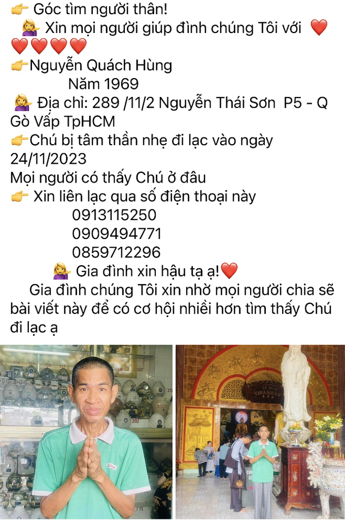 Người thân ông Hùng nhờ sự hỗ trợ của cộng đồng mạng để tìm được ông Hùng.